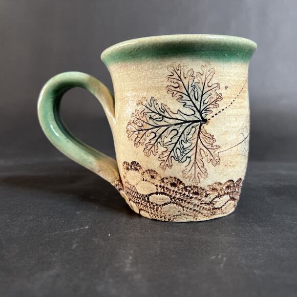 Handmade Stoneware Mug Leaf Motif Dragonfly Thistle Stained Artisan Pottery - Picture 3 of 11